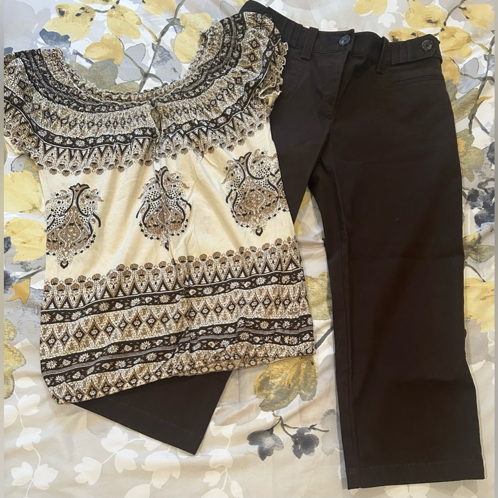 Ann Taylor Capri Pants 6P & Lucky Brand Off The Shoulder Shirt XS Outfit EUC